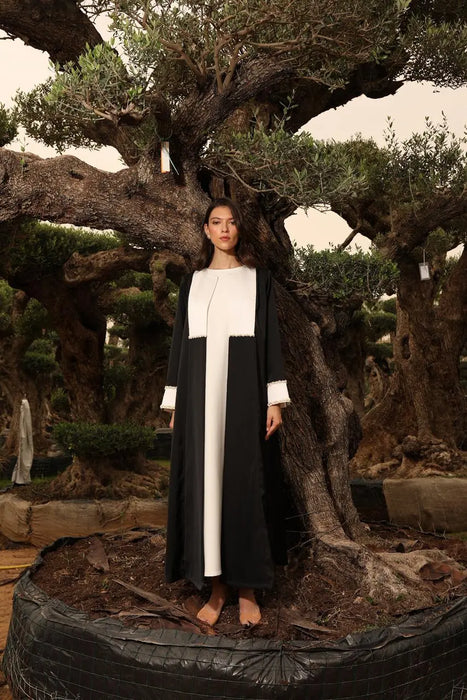Pearl-Embellished Contrast Abaya in Black and White