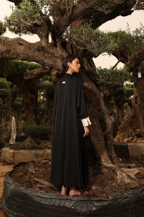 Pearl-Embellished Contrast Abaya in Black and White