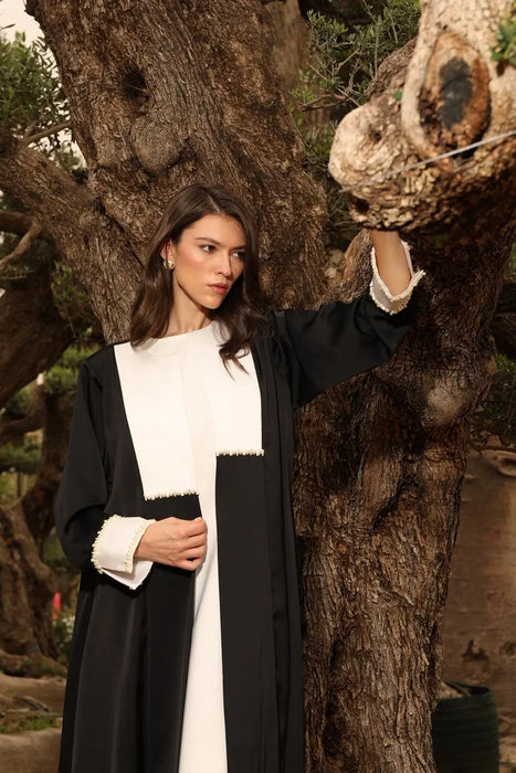 Pearl-Embellished Contrast Abaya in Black and White