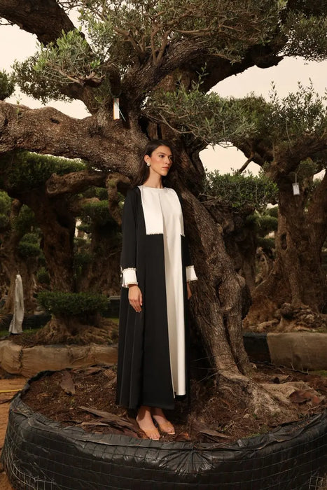 Pearl-Embellished Contrast Abaya in Black and White