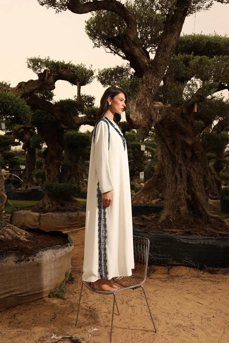Ivory Abaya with Pearls and Blue Lace Sides