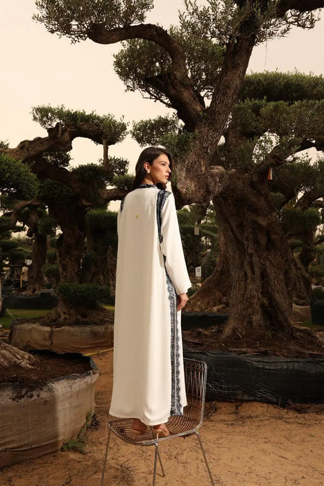 Ivory Abaya with Pearls and Blue Lace Sides