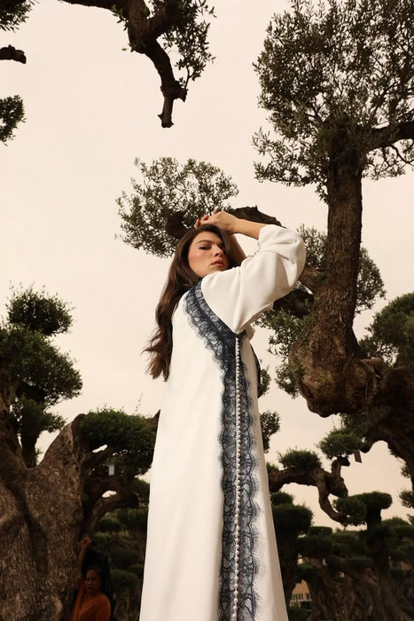 Ivory Abaya with Pearls and Blue Lace Sides