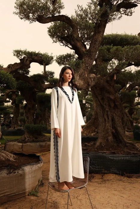 Ivory Abaya with Pearls and Blue Lace Sides