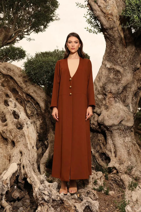 Rich Brown V-Neck Abaya Set with Golden Button Details