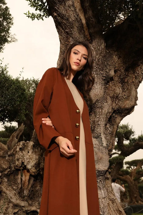 Rich Brown V-Neck Abaya Set with Golden Button Details