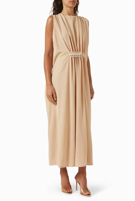 Beige Layered Hem Abaya Set with Pearl Dress