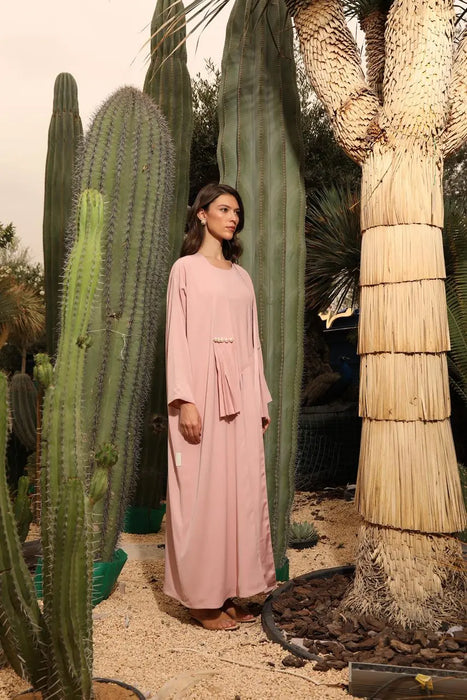 Powder Pink Pleated Abaya Set with Pearl Details