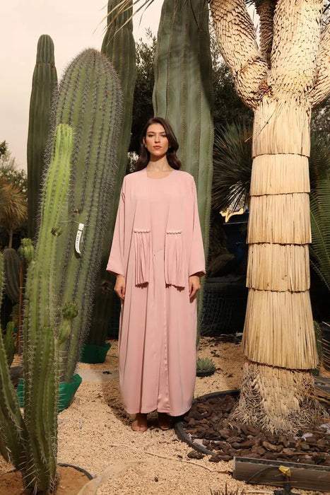 Powder Pink Pleated Abaya Set with Pearl Details