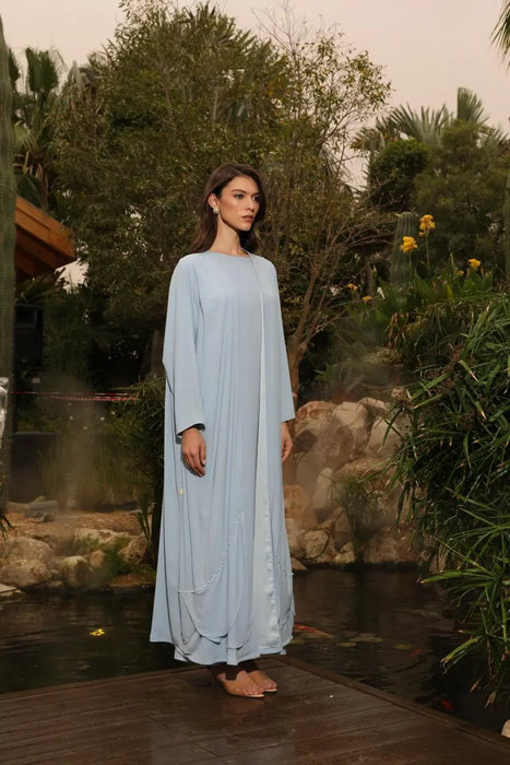 Soft Green Pleated Abaya Set with Pearl Details and Inner Dress
