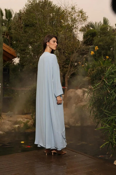 Soft Green Pleated Abaya Set with Pearl Details and Inner Dress