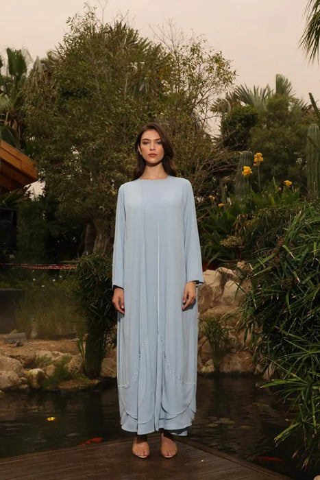 Soft Green Pleated Abaya Set with Pearl Details and Inner Dress
