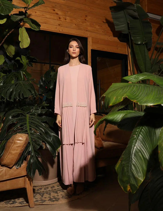 Powder Pink Elegant Pleated Abaya Set with Pearls