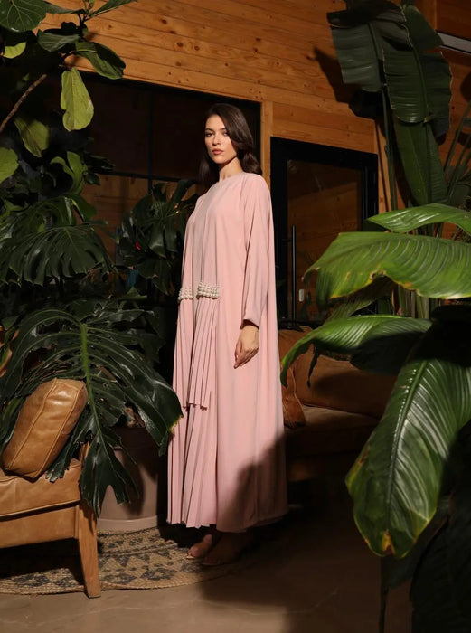 Powder Pink Elegant Pleated Abaya Set with Pearls