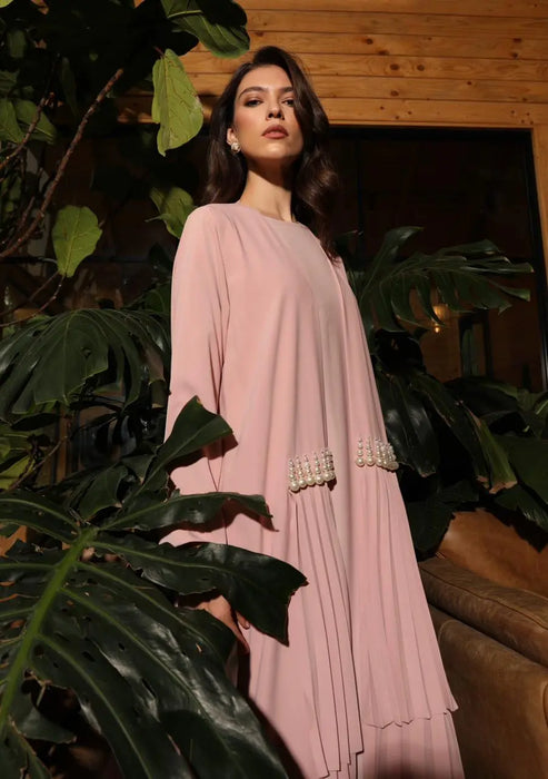 Powder Pink Elegant Pleated Abaya Set with Pearls