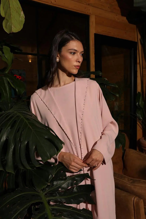 Powder Pink Pearl Tulip Hem Abaya Set