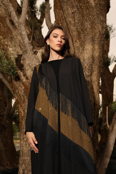 Black Abaya with Bronze Embellishment & Fringe Finish