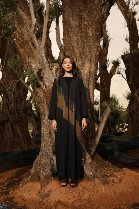 Black Abaya with Bronze Embellishment & Fringe Finish