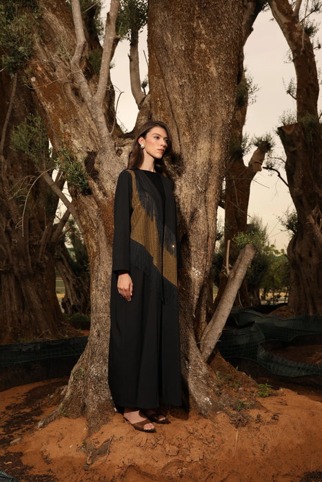 Black Abaya with Bronze Embellishment & Fringe Finish