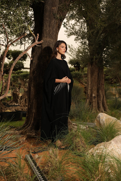 Black Embellished Cape Abaya Set with Pearl Handwork