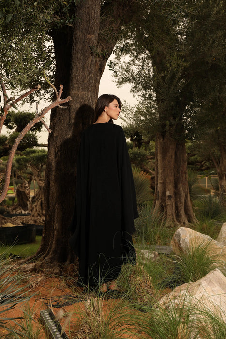 Black Embellished Cape Abaya Set with Pearl Handwork