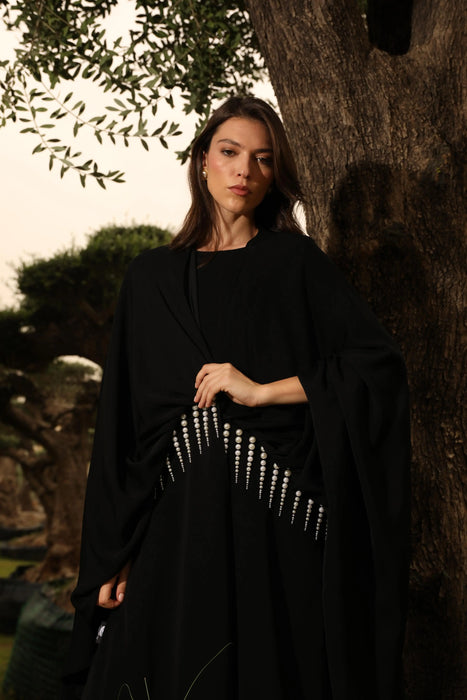 Black Embellished Cape Abaya Set with Pearl Handwork