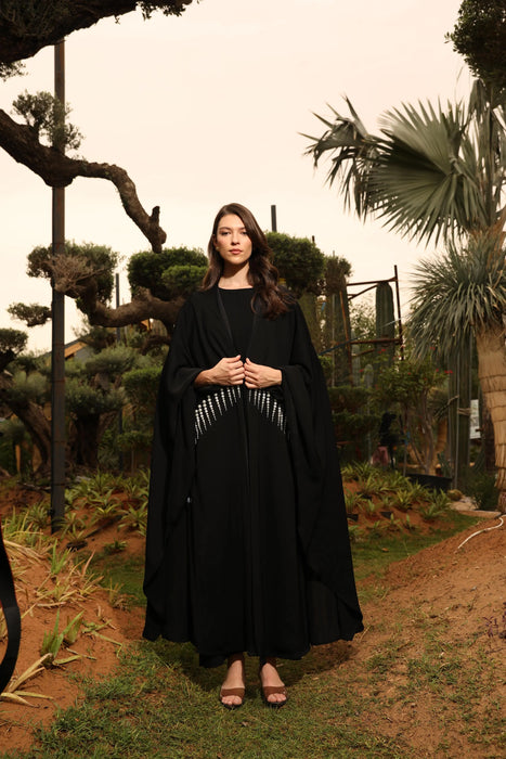 Black Embellished Cape Abaya Set with Pearl Handwork