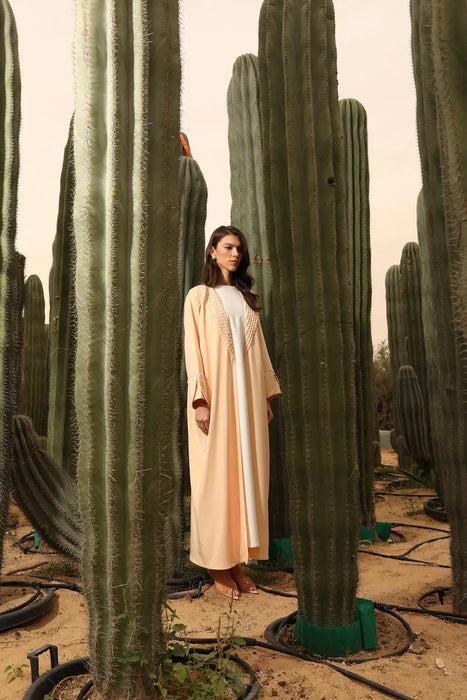 Beige Pearl-Embellished Abaya Set with Front and Cuff Detailing