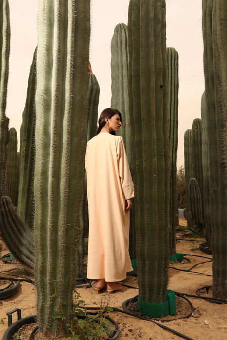 Beige Pearl-Embellished Abaya Set with Front and Cuff Detailing