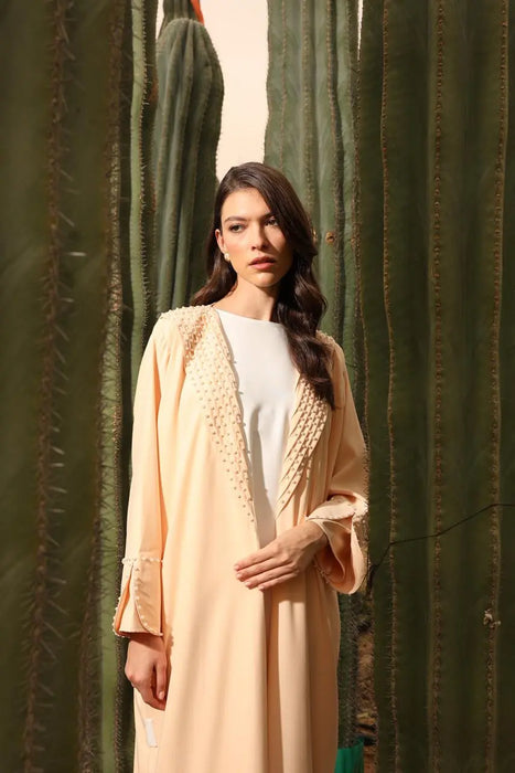 Beige Pearl-Embellished Abaya Set with Front and Cuff Detailing