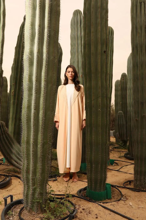 Beige Pearl-Embellished Abaya Set with Front and Cuff Detailing
