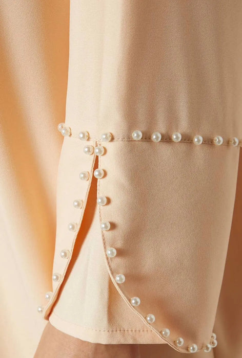 Beige Pearl-Embellished Abaya Set with Front and Cuff Detailing
