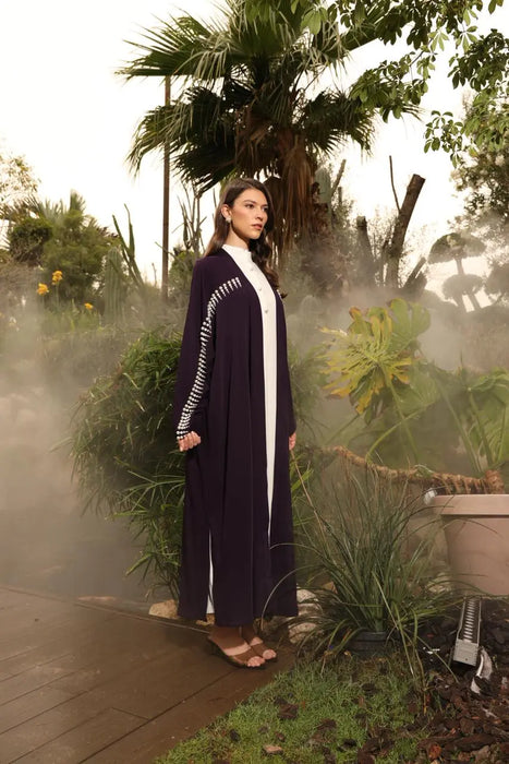 Purple Pearl-Embellished Abaya With Inner Dress