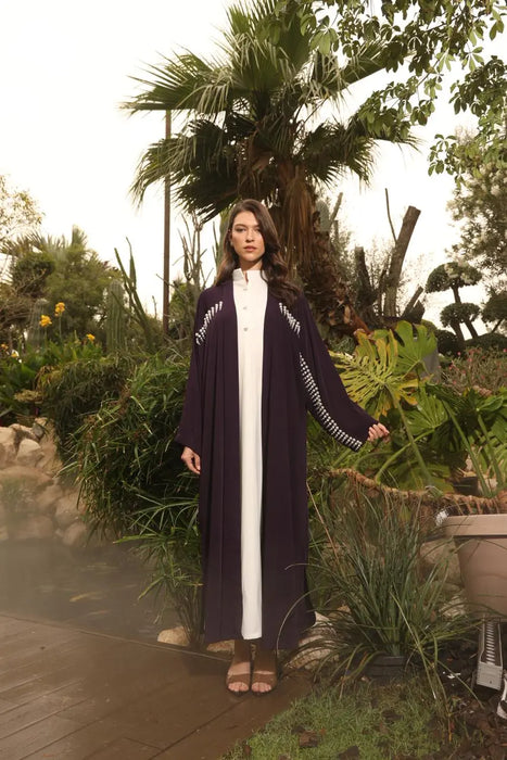 Purple Pearl-Embellished Abaya With Inner Dress