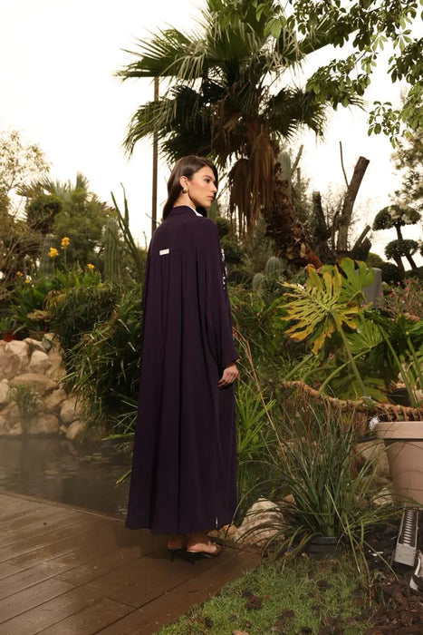 Purple Pearl-Embellished Abaya With Inner Dress