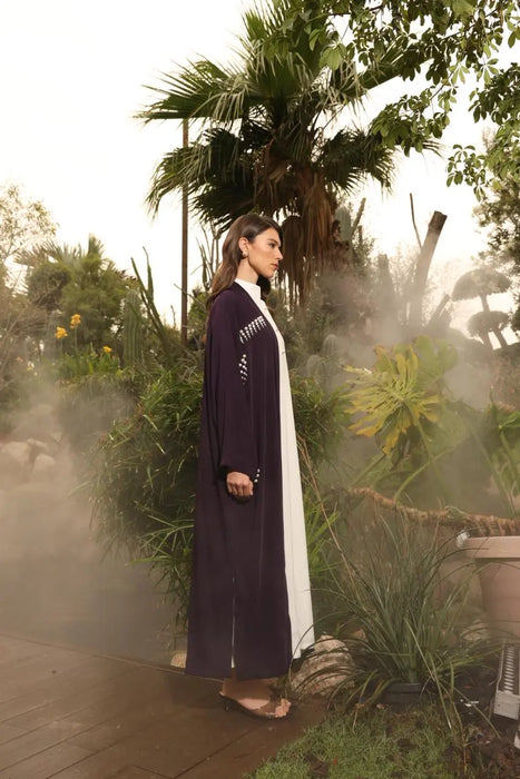Purple Pearl-Embellished Abaya With Inner Dress