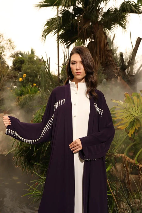 Purple Pearl-Embellished Abaya With Inner Dress