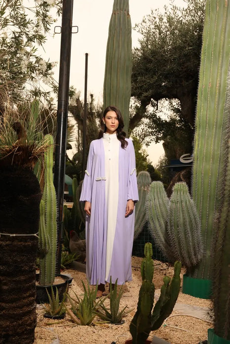 Soft Lavender Abaya Set with Pleats and Pearl Detailing
