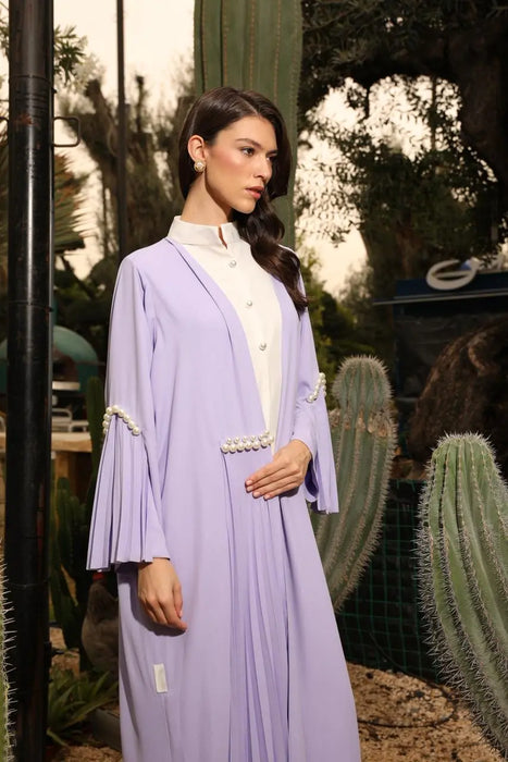Soft Lavender Abaya Set with Pleats and Pearl Detailing