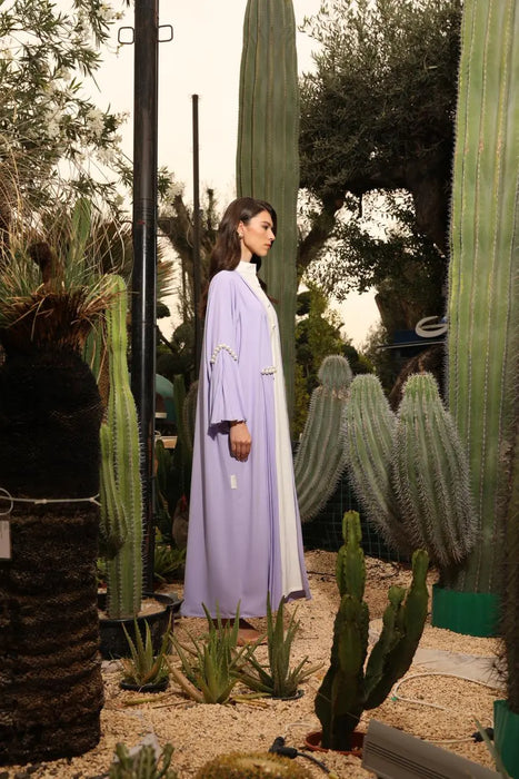Soft Lavender Abaya Set with Pleats and Pearl Detailing