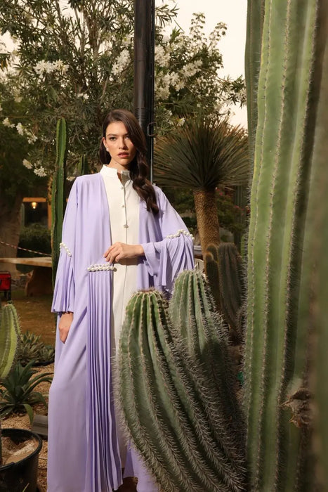 Soft Lavender Abaya Set with Pleats and Pearl Detailing