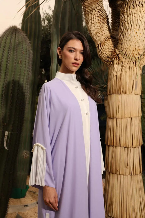 Soft Lavender Abaya Set with Pleats and Pearl Detailing