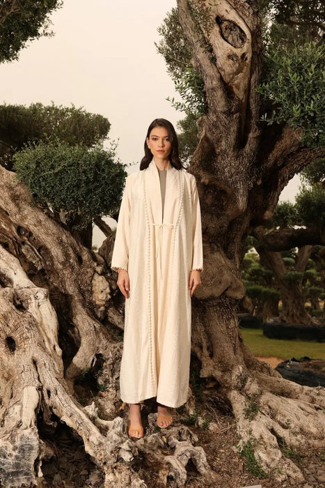 Off-White Cotton Ruffle Abaya with Pearl Embellishments