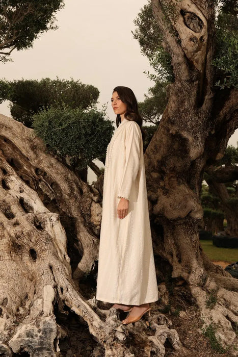 Off-White Cotton Ruffle Abaya with Pearl Embellishments