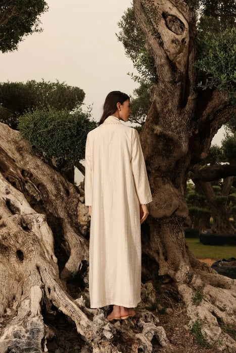 Off-White Cotton Ruffle Abaya with Pearl Embellishments