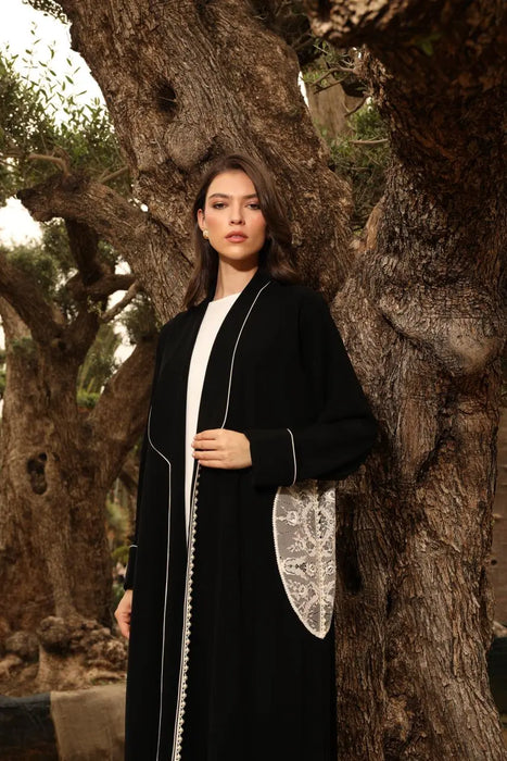 Soft Elegance Lace Abaya with Pearl Accents