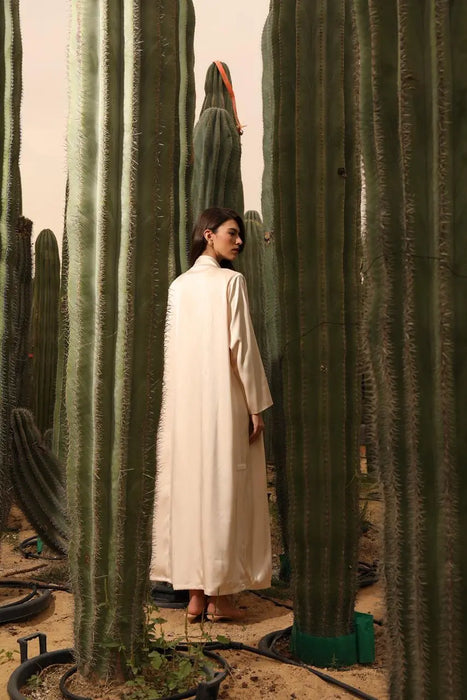 Glossy Milky Tone Abaya with Pearl Embellishments