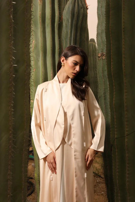 Glossy Milky Tone Abaya with Pearl Embellishments