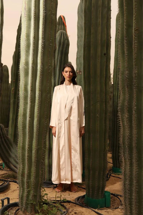 Glossy Milky Tone Abaya with Pearl Embellishments