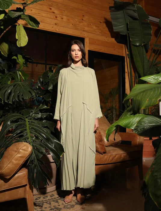 Soft Green Pleated Abaya Set with Pearl Details and Inner Dress